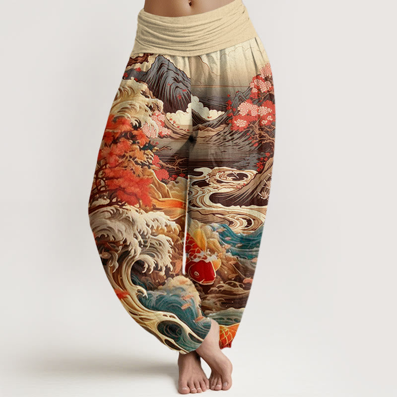 Pantaloni harem da donna con elastico in vita, in cotone, casual, motivo con albero in Buddha Stones , pesce koi, onda e montagna - Verga d'oro pallida - US22, UK/AU26, EU54 (6XL) - image 7