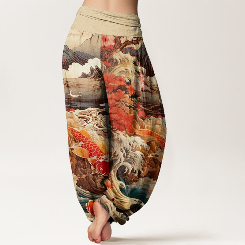 Pantaloni harem da donna con elastico in vita, in cotone, casual, motivo con albero in Buddha Stones , pesce koi, onda e montagna - image 8