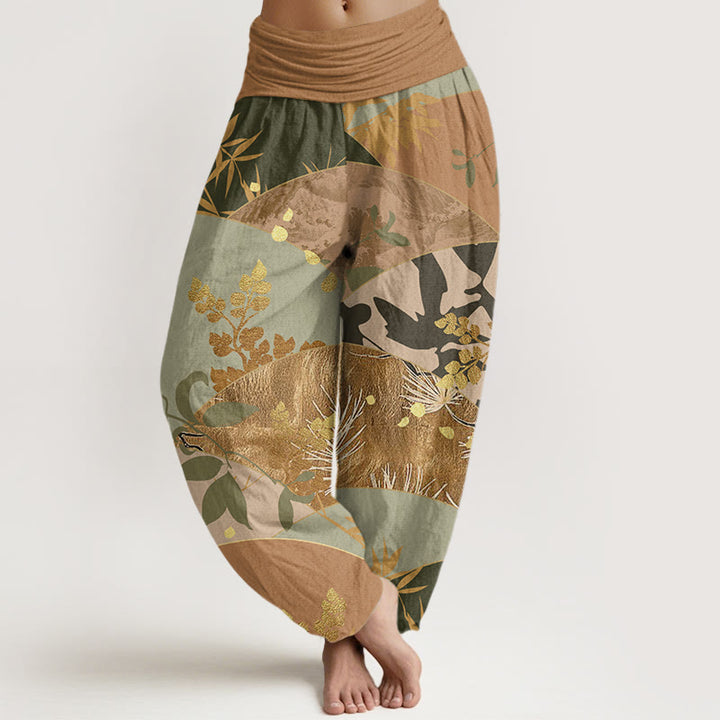Pantaloni harem da donna con elastico in vita e motivo a foglie semicircolari con Buddha Stones - Perù - US22, UK/AU26, EU54 (6XL) - image 1