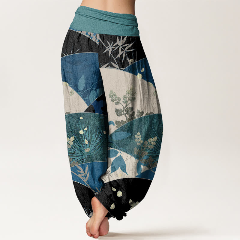Pantaloni harem da donna con elastico in vita e motivo a foglie semicircolari con Buddha Stones - image 6