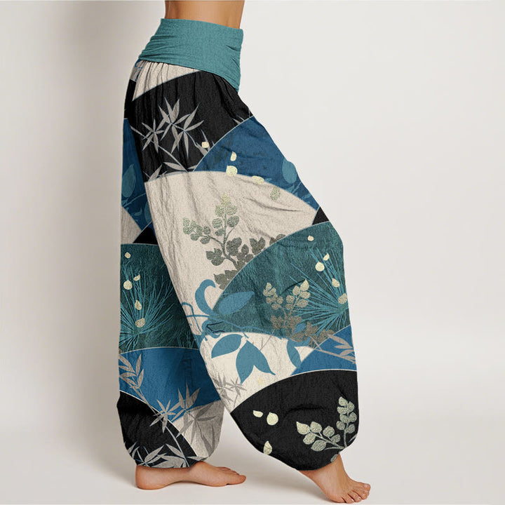 Pantaloni harem da donna con elastico in vita e motivo a foglie semicircolari in cotone con Buddha Stones - image 6