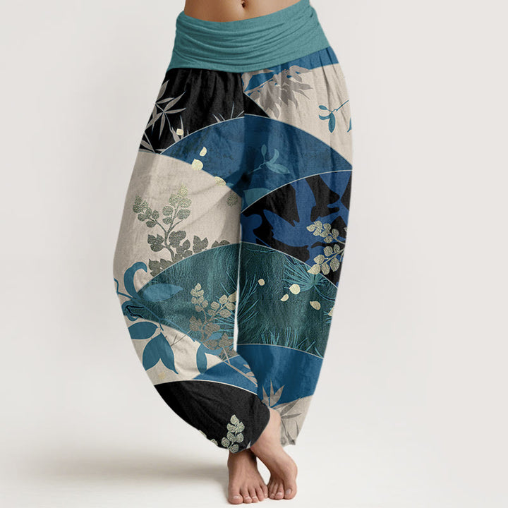 Pantaloni harem da donna con elastico in vita e motivo a foglie semicircolari con Buddha Stones - VerdeMare Chiaro - US22, UK/AU26, EU54 (6XL) - image 5