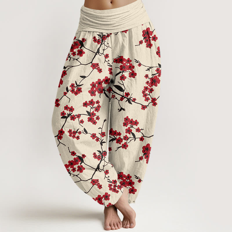 Pantaloni harem da donna con elastico in vita e motivo a fiori di pesco rosso in cotone Buddha Stones - Verga d'oro chiaraGiallo - US22, UK/AU26, EU54 (6XL) - image 0