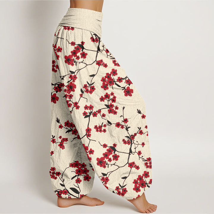 Pantaloni harem da donna con elastico in vita e motivo a fiori di pesco rosso in cotone Buddha Stones - image 2
