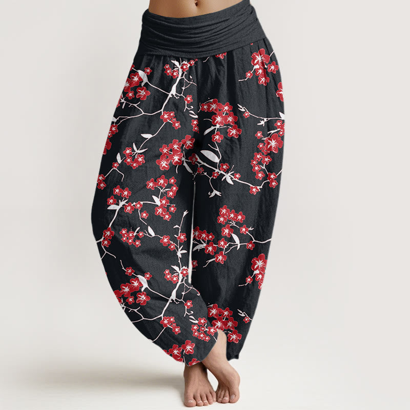 Pantaloni harem da donna con elastico in vita e motivo a fiori di pesco rosso con Buddha Stones - Nero - US22, UK/AU26, EU54 (6XL) - image 8