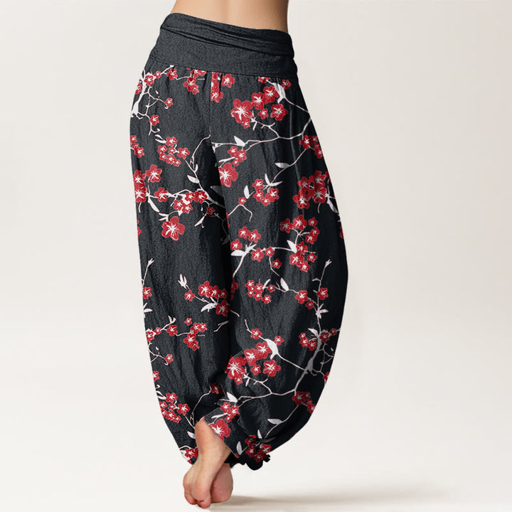 Pantaloni harem da donna con elastico in vita e motivo a fiori di pesco rosso in cotone Buddha Stones - image 8