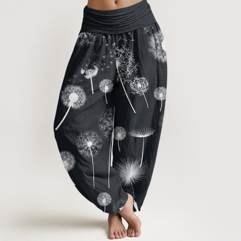 Pantaloni harem da donna con elastico in vita, in cotone, casual, con motivo a tarassaco, motivo Buddha Stones - Nero - US22, UK/AU26, EU54 (6XL) - image 0