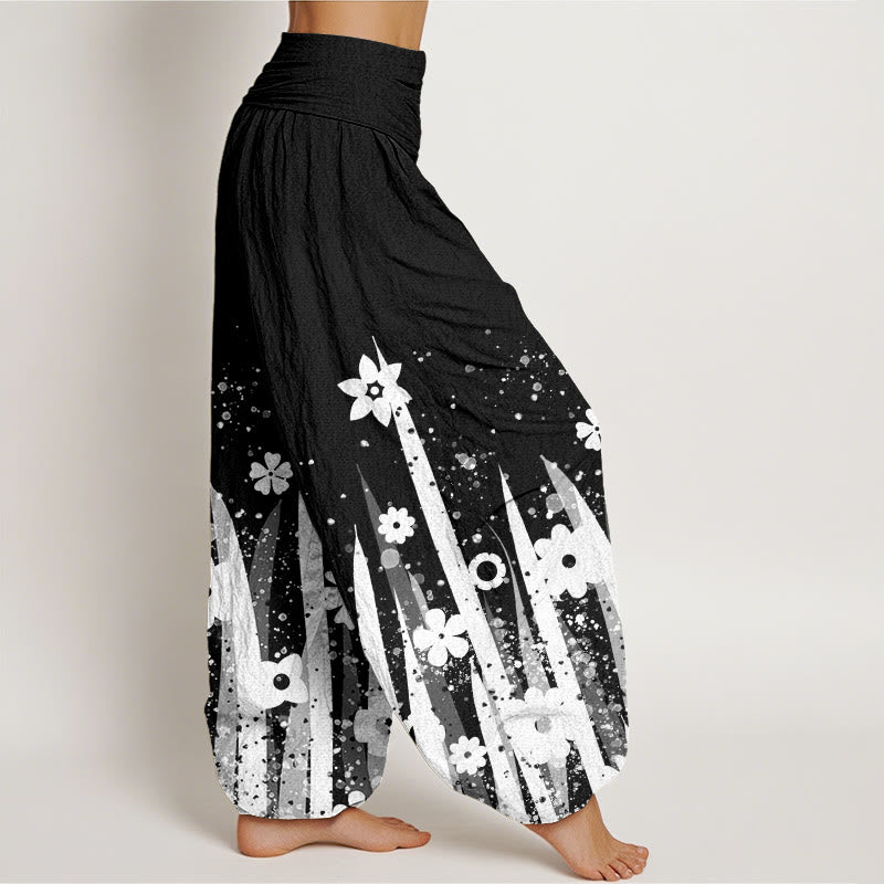 Pantaloni harem da donna con elastico in vita, modello casual con fiori bianchi e erba, motivo Buddha Stones - image 3