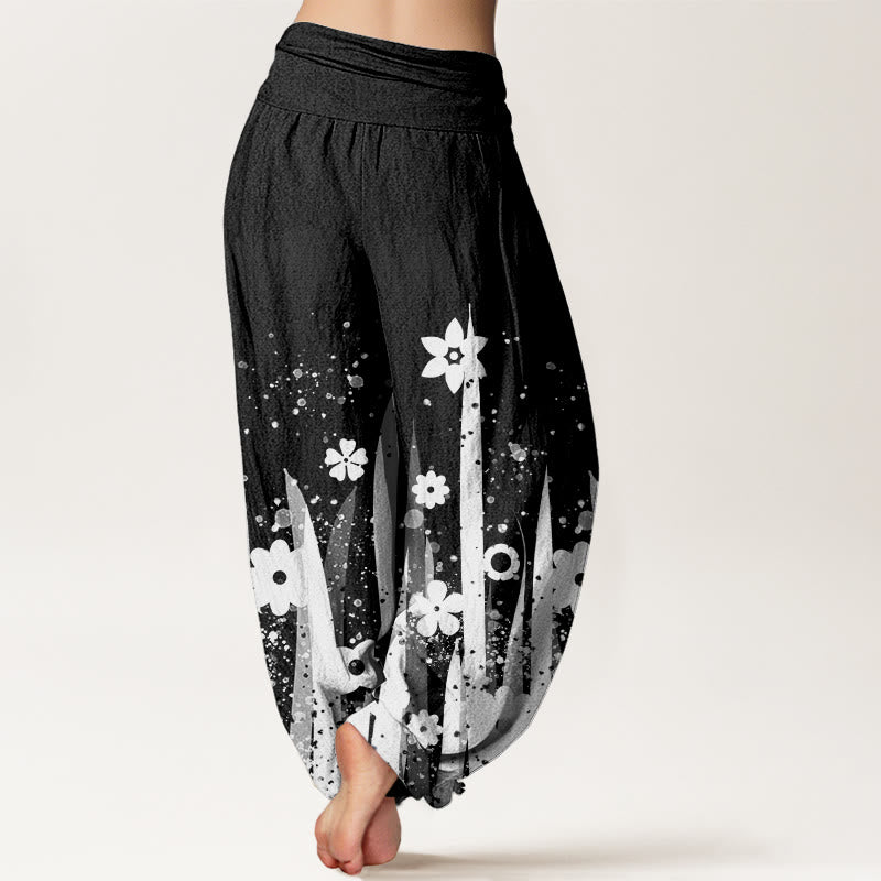 Pantaloni harem da donna con elastico in vita, modello casual con fiori bianchi e erba, motivo Buddha Stones - image 2