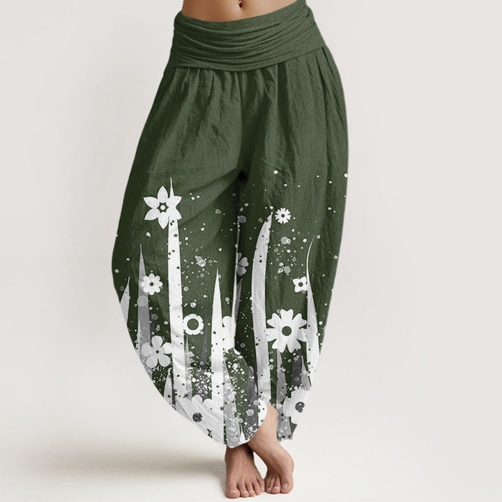 Pantaloni harem da donna con elastico in vita, modello casual con fiori bianchi e erba, motivo Buddha Stones - Verde scuro - US22, UK/AU26, EU54 (6XL) - image 5