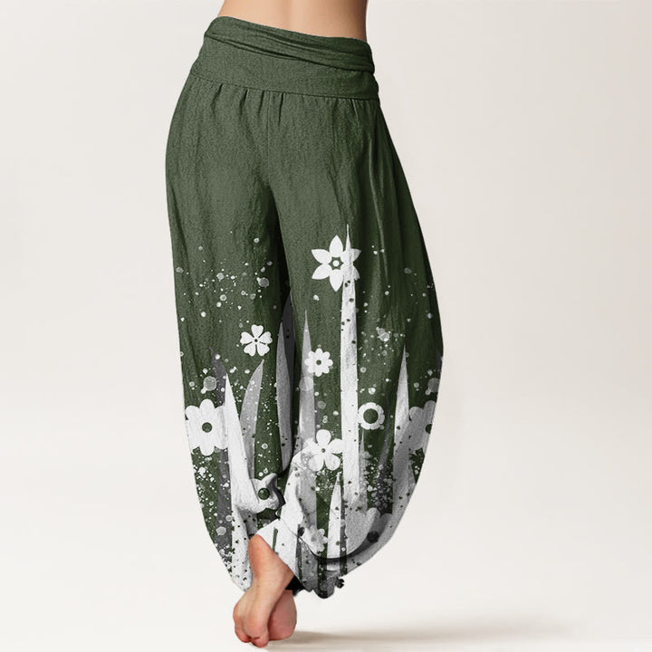 Pantaloni harem da donna con elastico in vita, modello casual con fiori bianchi e erba, motivo Buddha Stones - image 6