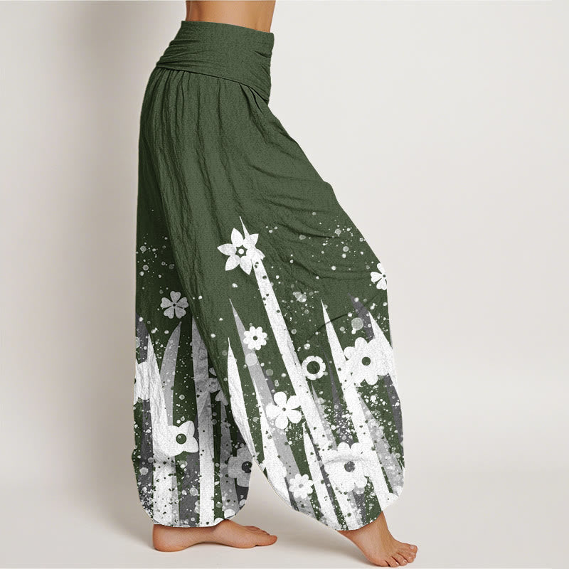 Pantaloni harem da donna con elastico in vita, modello casual con fiori bianchi e erba, motivo Buddha Stones - image 7