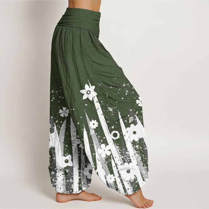 Pantaloni harem da donna con elastico in vita, modello casual con fiori bianchi e erba, motivo Buddha Stones - image 7