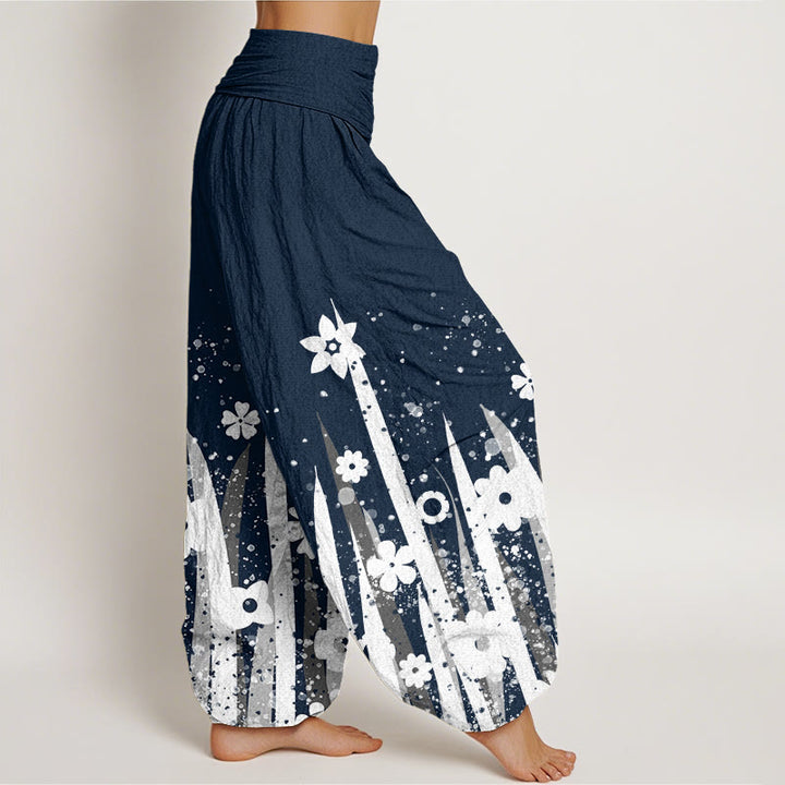 Pantaloni harem da donna con elastico in vita, modello casual con fiori bianchi e erba, motivo Buddha Stones - image 10