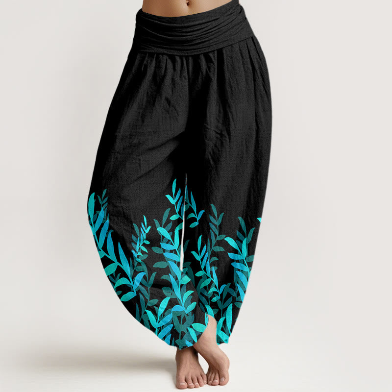 Pantaloni harem da donna con elastico in vita e motivo a foglie casual in cotone con Buddha Stones - Nero - US22, UK/AU26, EU54 (6XL) - image 0