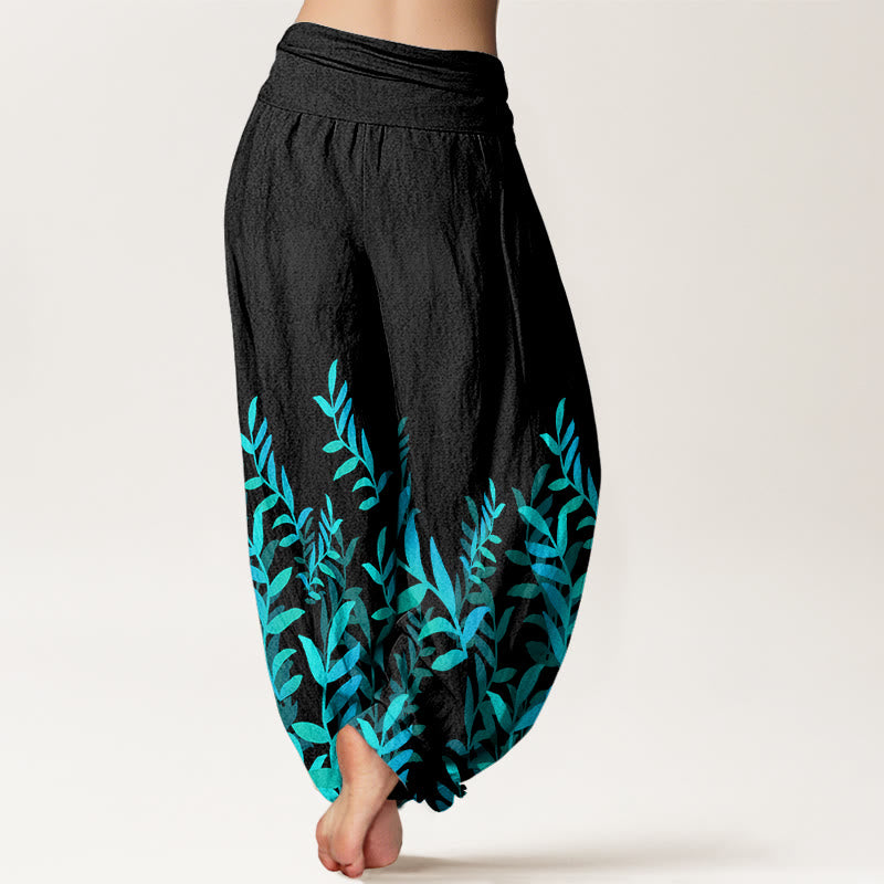Pantaloni harem da donna con elastico in vita e motivo a foglie casual in cotone con Buddha Stones - image 1