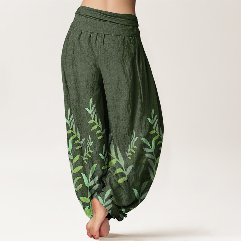 Pantaloni harem da donna con elastico in vita e motivo a foglie casual in cotone con Buddha Stones - image 5