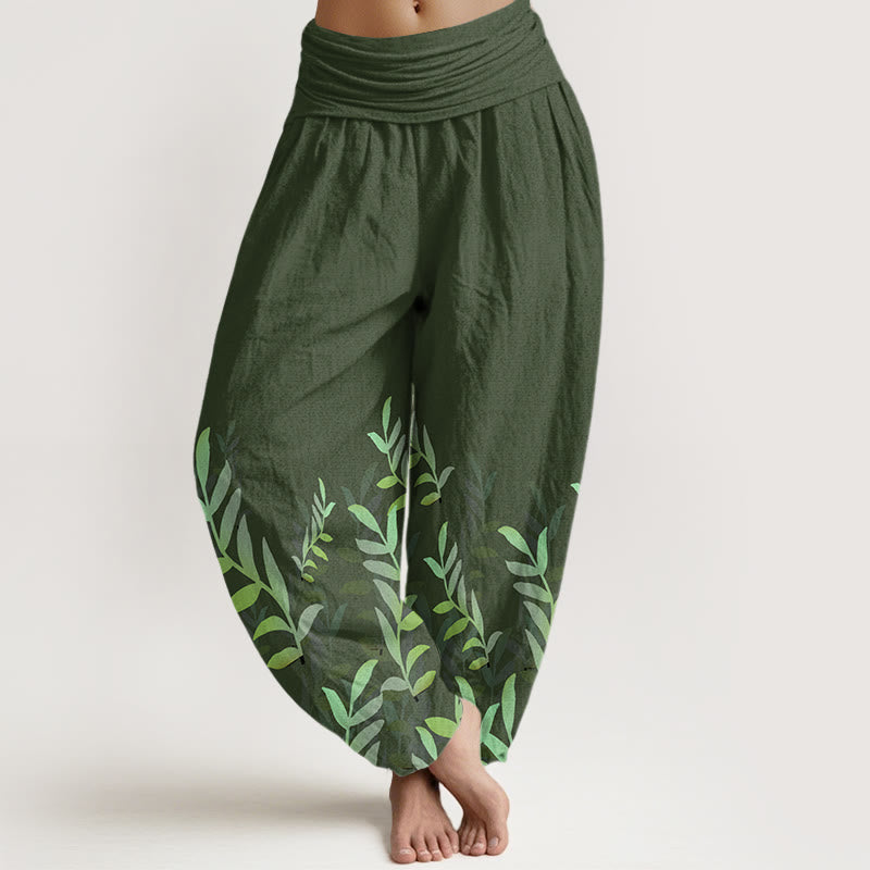 Pantaloni harem da donna con elastico in vita e motivo a foglie casual in cotone con Buddha Stones - Verde studentesco - US22, UK/AU26, EU54 (6XL) - image 4