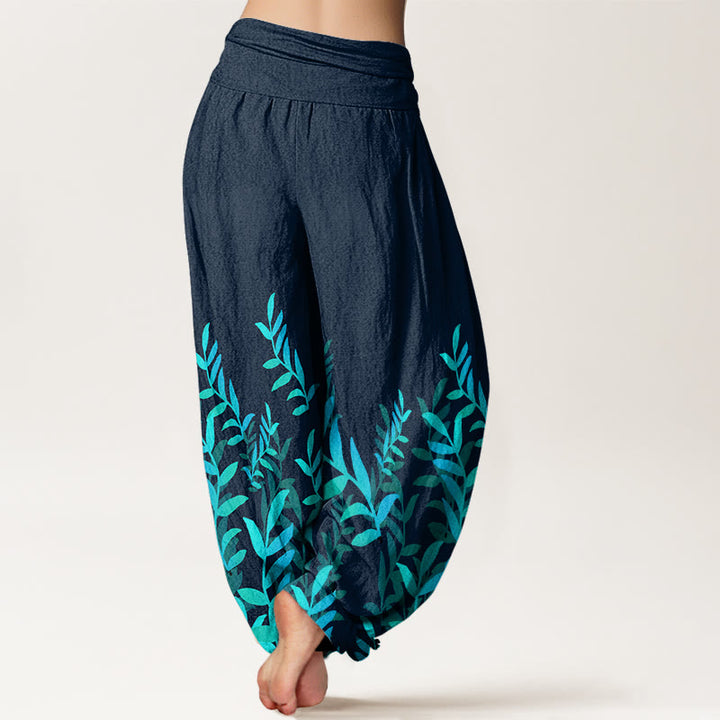 Pantaloni harem da donna con elastico in vita e motivo a foglie casual in cotone con Buddha Stones - image 8