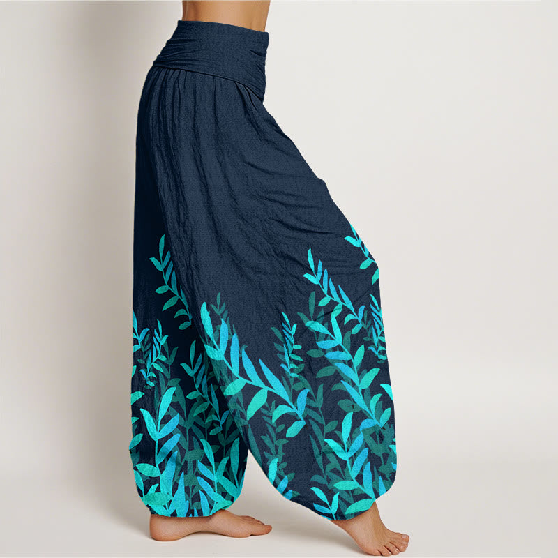 Pantaloni harem da donna con elastico in vita e motivo a foglie casual in cotone con Buddha Stones - image 9