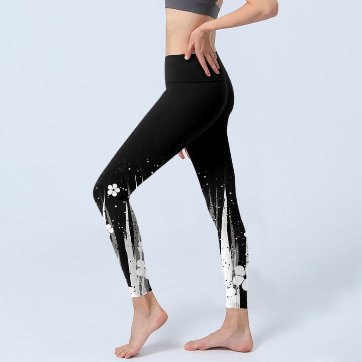 Leggings da palestra con stampa di Buddha Stones, fiori bianchi e piante acquatiche, pantaloni da yoga da donna - image 2