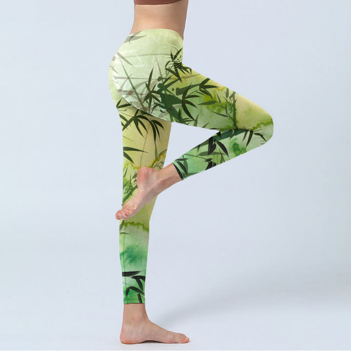Leggings da palestra con stampa a motivo di bambù in fiore Buddha Stones, pantaloni da yoga da donna - image 4