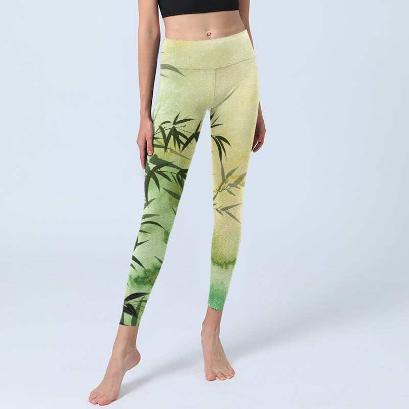 Leggings da palestra con stampa a motivo di bambù in fiore Buddha Stones, pantaloni da yoga da donna - image 6