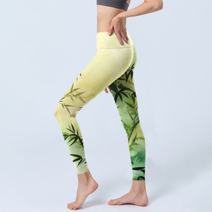 Leggings da palestra con stampa a motivo di bambù in fiore Buddha Stones, pantaloni da yoga da donna - image 3