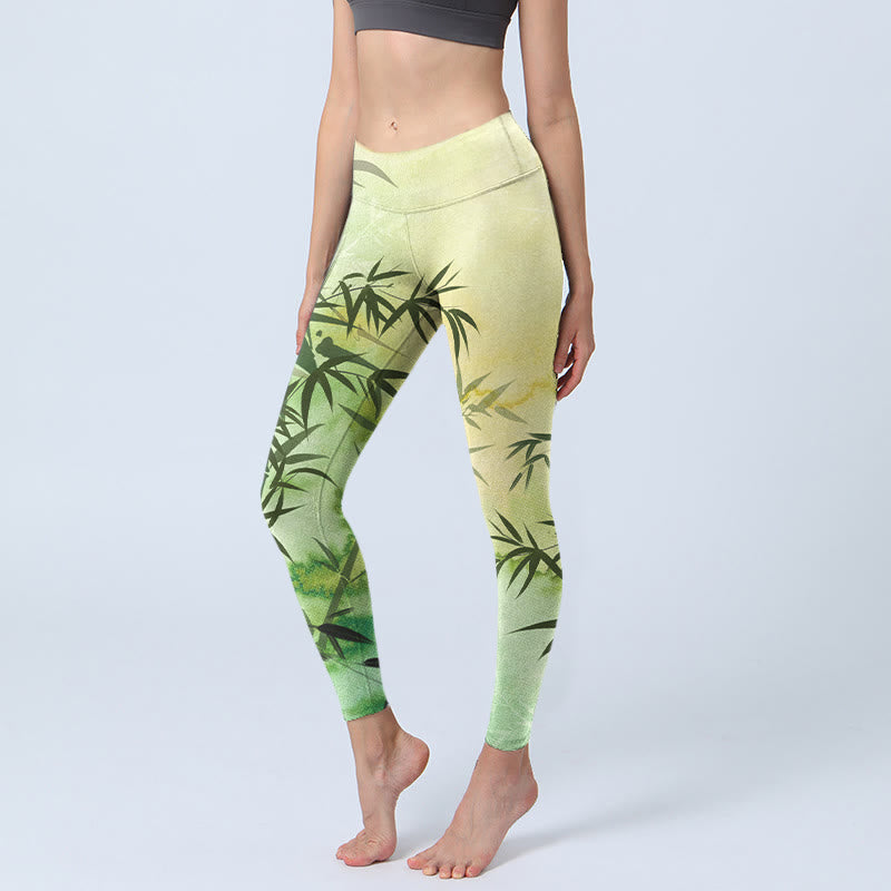 Leggings da palestra con stampa a motivo di bambù in fiore Buddha Stones, pantaloni da yoga da donna - GialloVerde - US18, UK/AU22, EU50 (4XL) - image 1