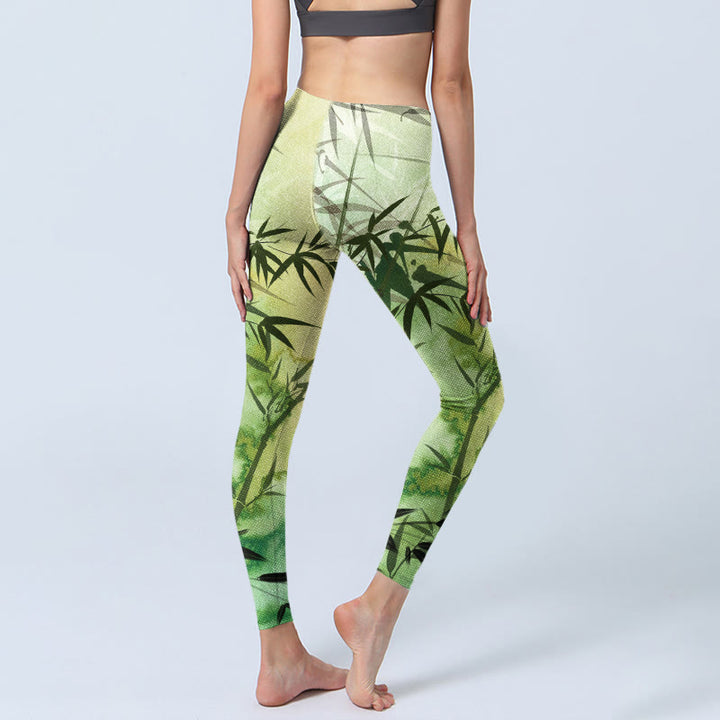 Leggings da palestra con stampa a motivo di bambù in fiore Buddha Stones, pantaloni da yoga da donna - image 5