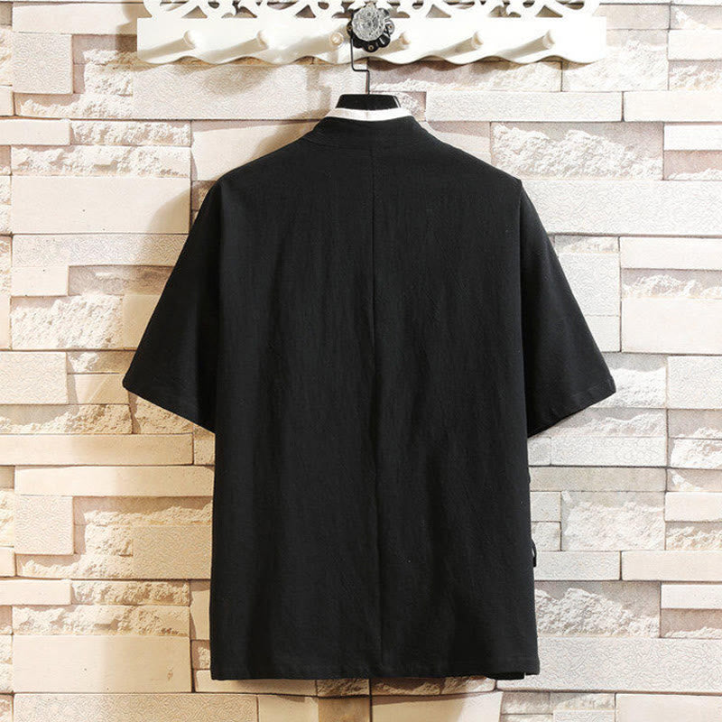 T-shirt da uomo in cotone e lino con lacci laterali, motivo gru e ricamo Buddha Stones
