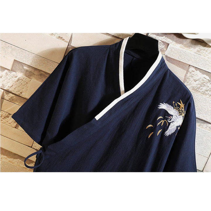 Maglietta da uomo in cotone e lino a maniche corte con lacci laterali, motivo gru ricamato, abito da ballo Buddha Stones - image 14