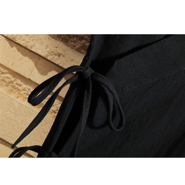 T-shirt da uomo in cotone e lino con lacci laterali, motivo gru e ricamo Buddha Stones