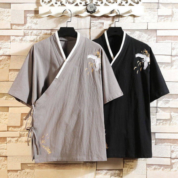 T-shirt da uomo in cotone e lino con lacci laterali, motivo gru e ricamo Buddha Stones