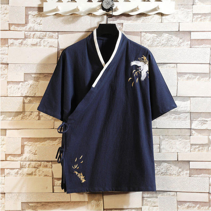 Maglietta da uomo in cotone e lino a maniche corte con lacci laterali, motivo gru ricamato, abito da ballo Buddha Stones - Blu notte - US/UK/AU46, EU56 (5XL) - image 13