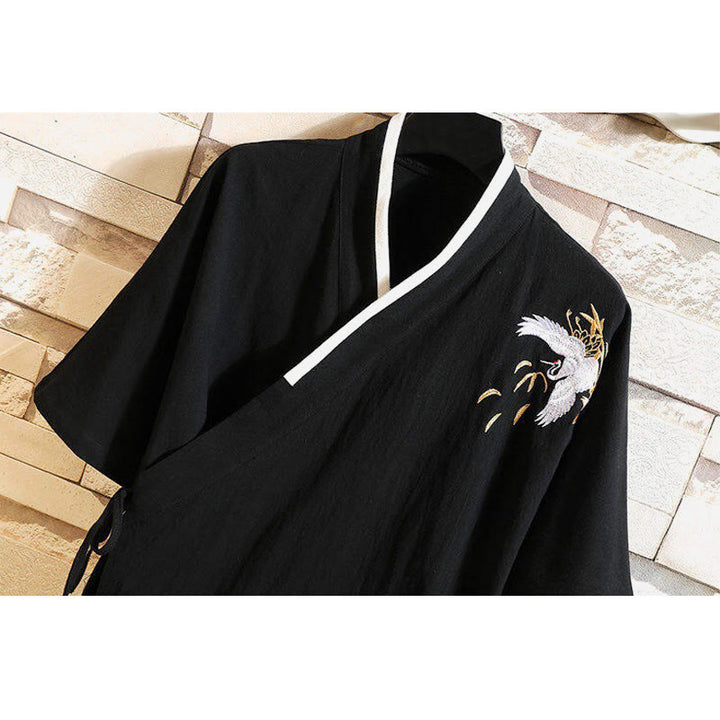 T-shirt da uomo in cotone e lino con lacci laterali, motivo gru e ricamo Buddha Stones