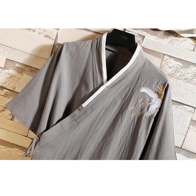 Maglietta da uomo in cotone e lino a maniche corte con lacci laterali, motivo gru ricamato, abito da ballo Buddha Stones - image 11