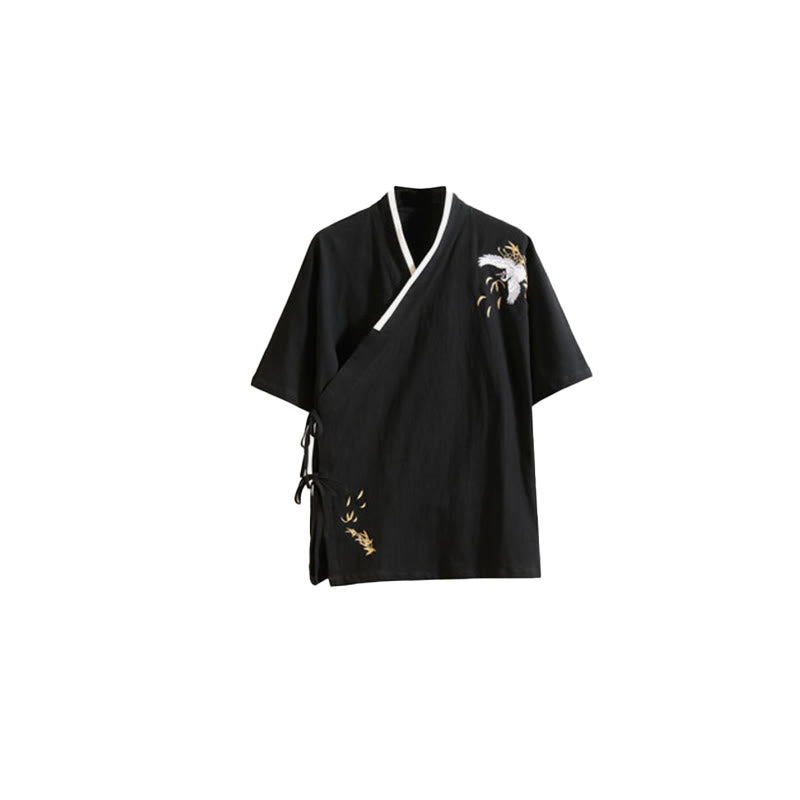 T-shirt da uomo in cotone e lino con lacci laterali, motivo gru e ricamo Buddha Stones