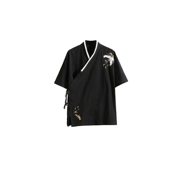 T-shirt da uomo in cotone e lino con lacci laterali, motivo gru e ricamo Buddha Stones