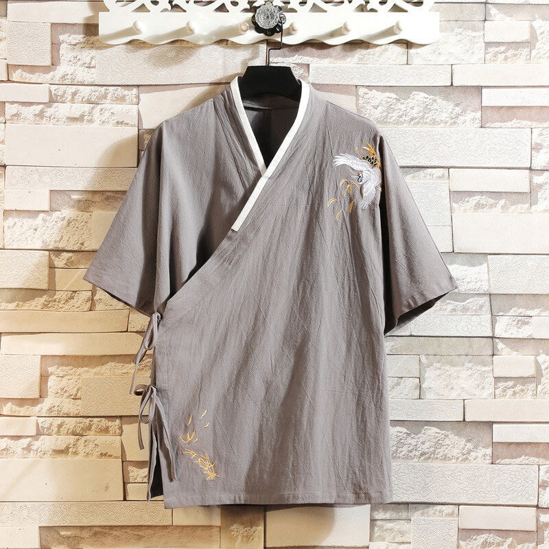 Maglietta da uomo in cotone e lino a maniche corte con lacci laterali, motivo gru ricamato, abito da ballo Buddha Stones - Argento - US/UK/AU46, EU56 (5XL) - image 10