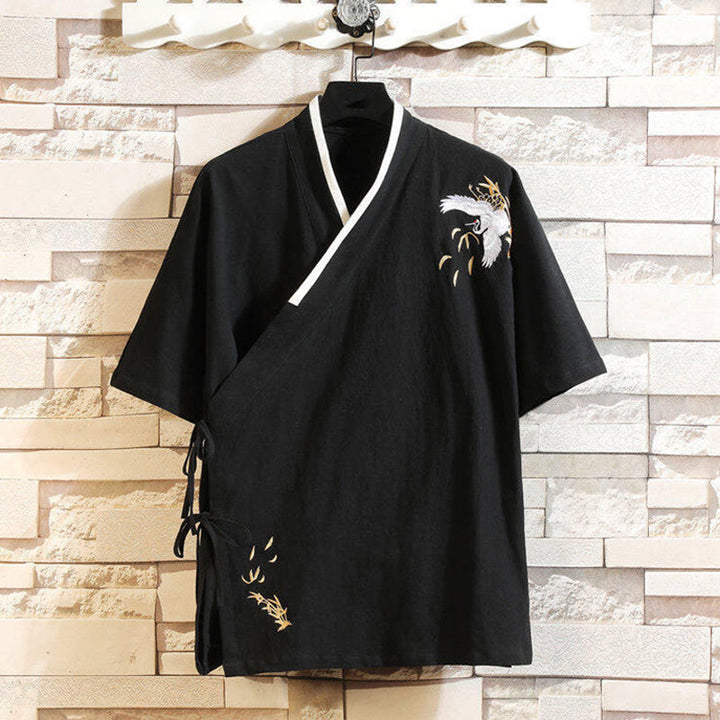T-shirt da uomo in cotone e lino con lacci laterali, motivo gru e ricamo Buddha Stones  - Nero - US/UK/AU46, EU56 (5XL) - image 0