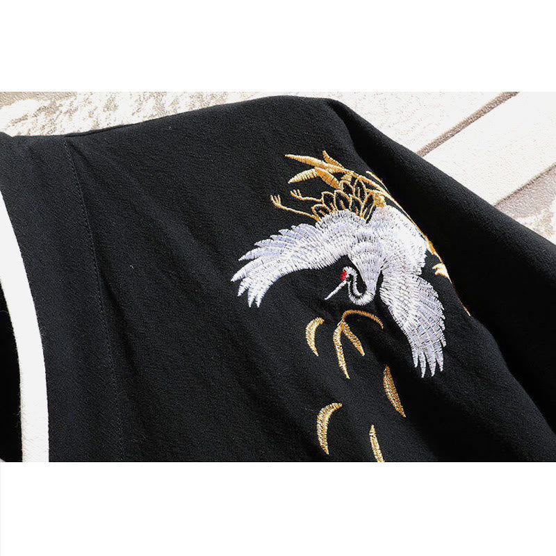 T-shirt da uomo in cotone e lino con lacci laterali, motivo gru e ricamo Buddha Stones  - image 4