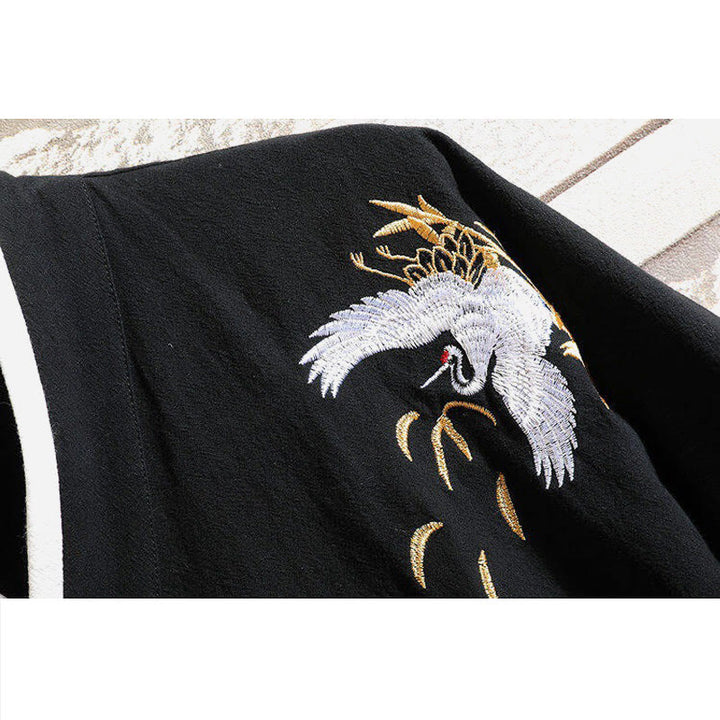 T-shirt da uomo in cotone e lino con lacci laterali, motivo gru e ricamo Buddha Stones  - image 4