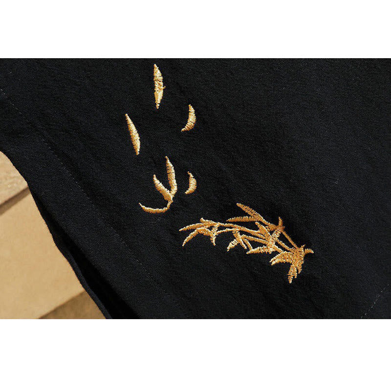 T-shirt da uomo in cotone e lino con lacci laterali, motivo gru e ricamo Buddha Stones
