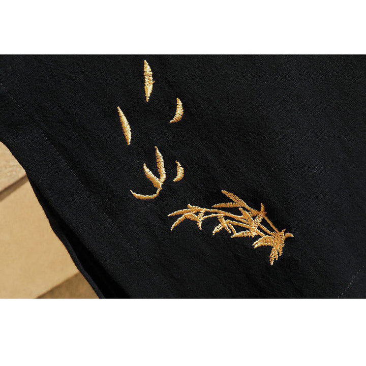 T-shirt da uomo in cotone e lino con lacci laterali, motivo gru e ricamo Buddha Stones