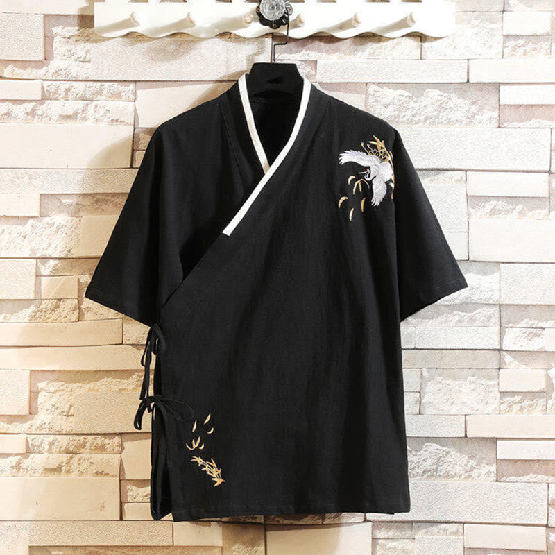 Maglietta da uomo in cotone e lino a maniche corte con lacci laterali, motivo gru ricamato, abito da ballo Buddha Stones - Nero - US/UK/AU46, EU56 (5XL) - image 0