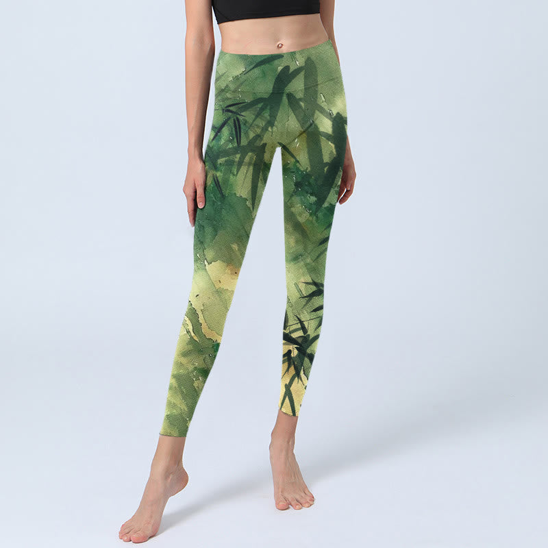 Leggings da palestra con stampa a motivo di bambù in fiore Buddha Stones, pantaloni da yoga da donna - image 6