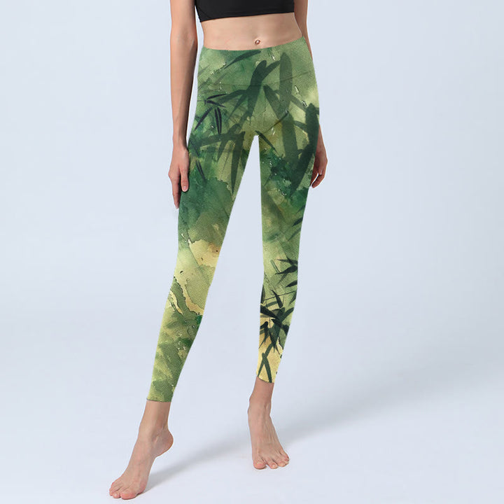 Leggings da palestra con stampa a motivo di bambù in fiore Buddha Stones, pantaloni da yoga da donna - image 6