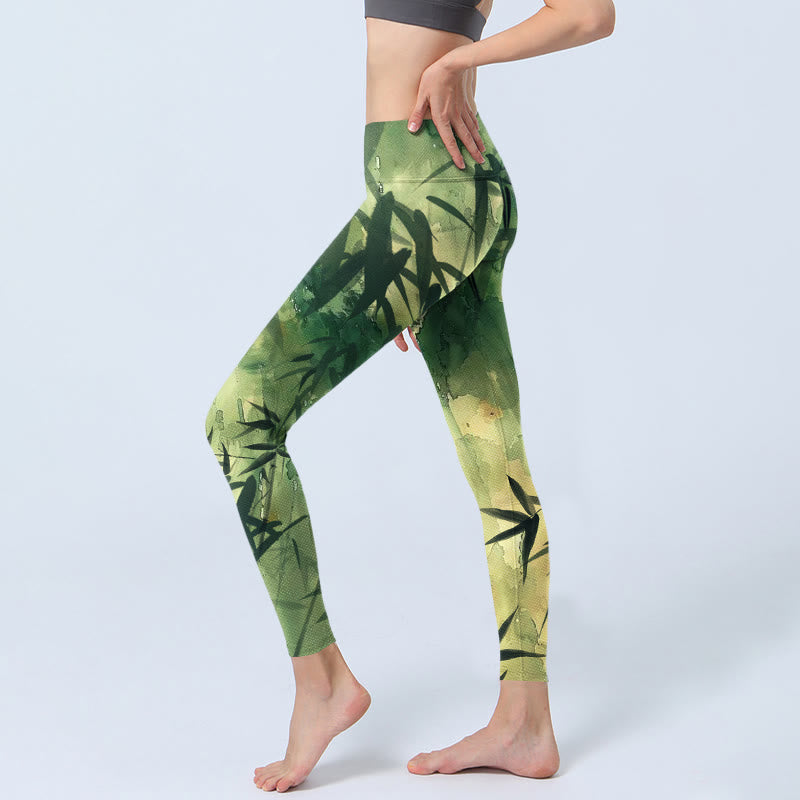 Leggings da palestra con stampa a motivo di bambù in fiore Buddha Stones, pantaloni da yoga da donna - image 3
