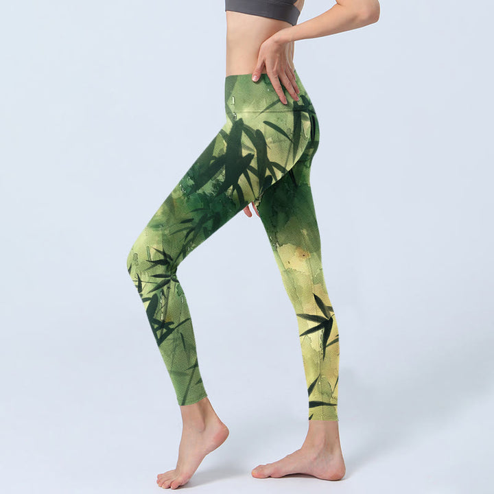 Leggings da palestra con stampa a motivo di bambù in fiore Buddha Stones, pantaloni da yoga da donna - image 3